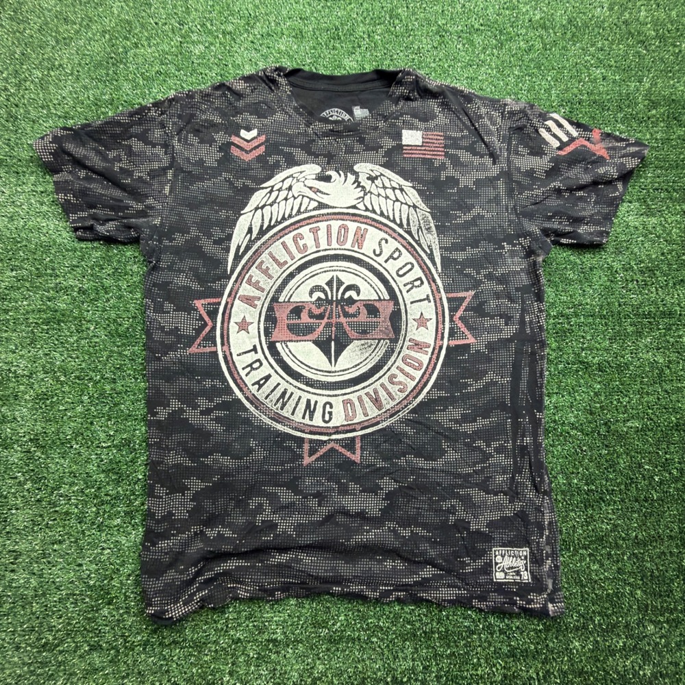 VINTAE Y2K Affliction Sport Training Shirt Mens Large Black Digital Camo MMA Tee